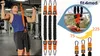 A man performing a pull-up with resistance bands attached, alongside product shots and feature callouts. Náhled obrázku produktu