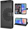 A collage of images showing a black leather wallet phone case with a mandala design, and a smartphone inside the case. Produktbild-Vorschau