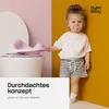 A toddler stands next to a pink toilet seat insert on a toilet, with text overlays. Produktbild-Vorschau