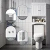 A bathroom scene featuring a white toilet and a white cabinet unit above it, with several callouts highlighting product features. Náhled obrázku produktu