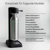 A silver stainless steel water bottle is shown next to a list of compatible soda maker models. Produktbild-Vorschau