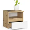 A wooden nightstand with a white drawer front and a small plant in a white vase on top. Podgląd zdjęcia produktu