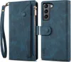 A blue leather wallet case for a smartphone is shown, with the phone inserted on one side and the wallet/card holder features on the other. The case is open, showing both sides. Produktbild-Vorschau
