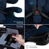 A collage of four close-up images showcasing different features of a navy blue car seat. Náhled obrázku produktu