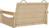 The back view of a beige poly rattan hanging chair with wooden armrests, isolated on a white background. Náhled obrázku produktu