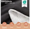 A close-up of a dark gray and white fluffy blanket, with icons and text indicating its features and uses. Anteprima dell’immagine prodotto