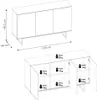 A technical drawing and a 3D rendering of a sideboard with dimensions and weight limits indicated. Produktbild-Vorschau