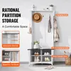 A white wooden hall tree with a bench and storage shelves, featuring hooks for hanging items and space for shoes. Podgląd zdjęcia produktu