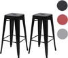 Two black metal bar stools are shown against a white background. To the right of the stools are three colored circles representing available color options: black, red, and gray. Náhled obrázku produktu