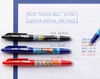 Three pens of different colors (black, blue, red) are laid out on a white lined paper, with some text written on the paper. Produktbild-Vorschau