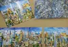 A collage of puzzle images and a bag of puzzle pieces. Produktbild-Vorschau