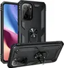 A black protective phone case with a ring stand is shown from multiple angles. Produktbild-Vorschau