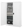 An open white metal filing cabinet filled with office supplies. Voir les images du produit