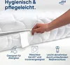 A hand is shown zipping up a white mattress cover, with icons and text highlighting product features. Produktbild-Vorschau