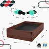 A diagram showing the dimensions of a wooden planter box and gardening gloves with claws. The planter box is brown and has a black liner. The gloves are green and black. Podgląd zdjęcia produktu