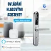 A smart door lock is shown next to smart speakers and a small white device, with text overlay indicating voice control compatibility with Alexa and Google Assistant. Náhľad obrázku produktu