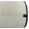 A close-up, side view of a pleated air filter with black trim and a black fabric tab. Produktbild-Vorschau