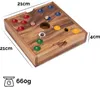 A wooden board game with colored stones and a central hole, with dimensions and weight indicated. Produktbild-Vorschau