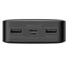 The back panel of a black power bank showing its ports and specifications. Podgląd zdjęcia produktu