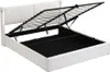 A white upholstered bed frame with the mattress support mechanism lifted to reveal the storage space underneath. Produktbild-Vorschau