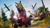 A chaotic scene with a rhino on a tractor, a giraffe being attacked, and debris flying through the air. Náhled obrázku produktu