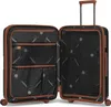 An open black suitcase with brown trim, showing its interior compartments. Podgląd zdjęcia produktu