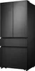 A side-view, three-quarters angle of a modern, black French door refrigerator with four doors and two drawers. Produktbild-Vorschau