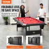 A couple is playing billiards on a foldable pool table in a living room setting. Two smaller images at the bottom show the table in unfolded and folded states. Náhled obrázku produktu