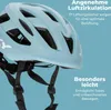 A close-up, angled view of a light blue bicycle helmet against a solid light blue background. Text overlays highlight features. Produktbild-Vorschau