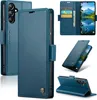 A collage of images showing a blue leather phone case for a Samsung Galaxy A16, with various angles and views, including card slots and a stand function. Produktbild-Vorschau