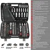 A black toolbox filled with various tools, with a detailed list of the tools and their specifications on the right side of the image. Produktbild-Vorschau