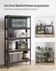 A multi-panel image showcasing a shelving unit in different configurations and settings, with text in German. Produktbild-Vorschau