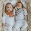 Two babies sleeping in a basket, each wearing a bib and a pacifier. Produktbild-Vorschau