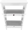 A white shoe cabinet with two open drawers, viewed from the front. Produktbild-Vorschau