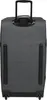 The back view of a dark gray suitcase with a black retractable handle and black wheels. Produktbild-Vorschau