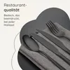 A set of black cutlery (spoon, two knives, and a fork) is arranged on a gray napkin, with a dark gray placemat underneath. Text overlays the image. Produktbild-Vorschau