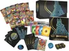 A collection of Pokemon trading card game items, including booster packs, card sleeves, dice, and a storage box, arranged on a white background. Produktbild-Vorschau