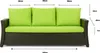 A three-seater sofa with green cushions on a dark brown base, with dimensions indicated by measurement lines and text. Produktbild-Vorschau