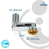A close-up of a chrome-plated plumbing fitting with measurement indicators. Produktbild-Vorschau