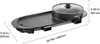 A top-down angled view of a black and speckled electric hot pot and grill combination with a glass lid, shown on a white background with measurement annotations. Produktbild-Vorschau