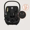 A black baby car seat with close-up insets highlighting bamboo material and airflow. Produktbild-Vorschau