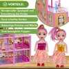 A pink dollhouse with two dolls in front of it, with text listing product benefits. Náhled obrázku produktu