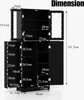 A diagram showing the dimensions of a black cabinet with glass doors and shelves. Podgląd zdjęcia produktu