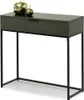 A dark green console table with a black metal frame and two golden apple decorative items on top. Produktbild-Vorschau