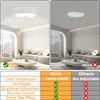 A split image showing a living room with a ceiling lamp on the left and a similar lamp on the right, with a comparison table below. Voir les images du produit