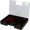 An open black organizer box with clear dividers and a clear lid, showing multiple compartments. Voir les images du produit