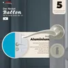 A close-up marketing image of a silver aluminum door handle set with a keyhole escutcheon, set against a dark gray and beige background. Text highlights features and brand. Produktbild-Vorschau