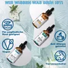 Three bottles of serum are displayed on a light blue wavy background, with various icons and text highlighting product features. Produktbild-Vorschau