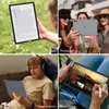 A collage of four images showing a tablet being used for reading, taking photos, listening to music, and watching a movie. Produktbild-Vorschau