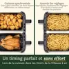 A split image showing two different cooking scenarios in an air fryer, with accompanying text describing features. Náhľad obrázku produktu